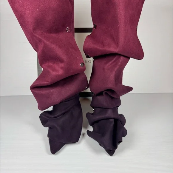 Azalea Wang Imogine Purple Ruched Knee High Boots Stud Snap Stiletto Multiple Sz - Picture 3 of 7